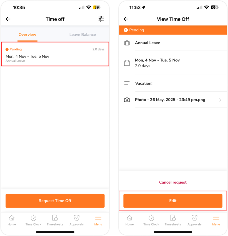 Editing Time Off request as member on mobile