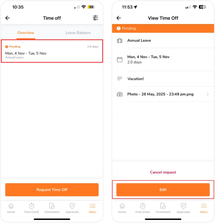 Editing Time Off request as member on mobile