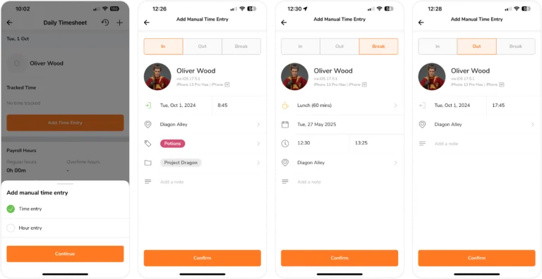Adding manual time entries for member on mobile