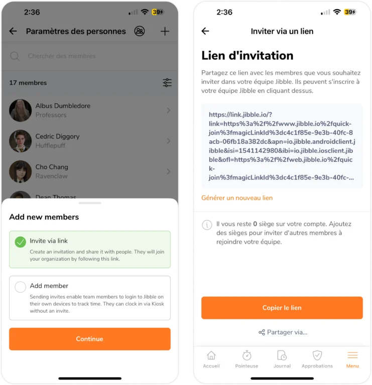 Inviter via un lien d'invitation