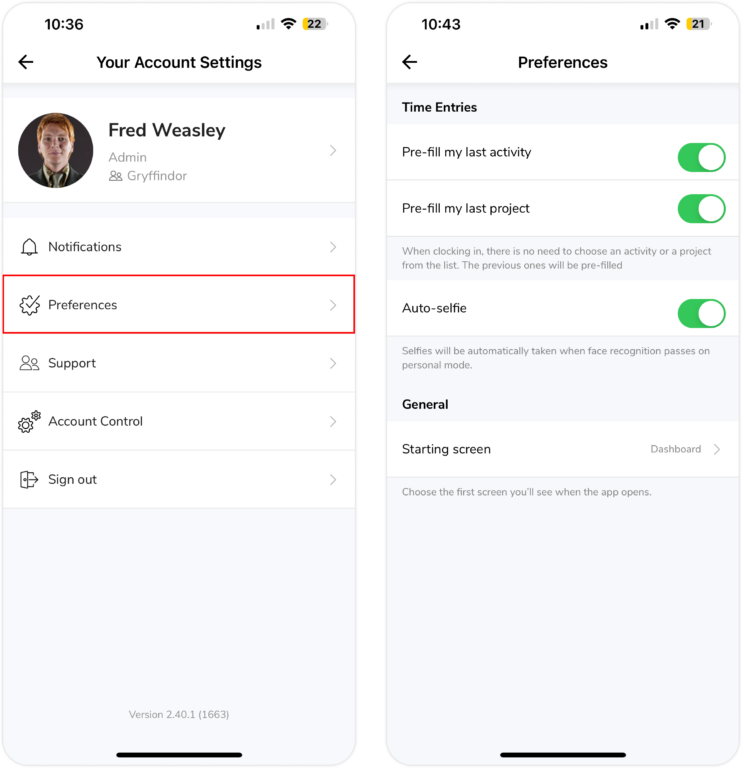 移动设备上的偏好设置