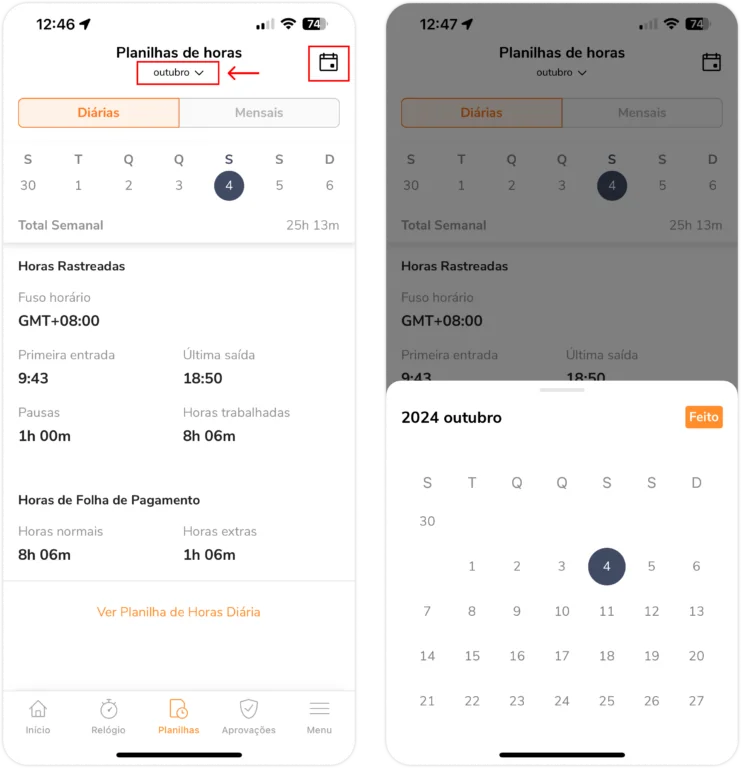 seletor de datas e tempo da planilha de horas pessoal