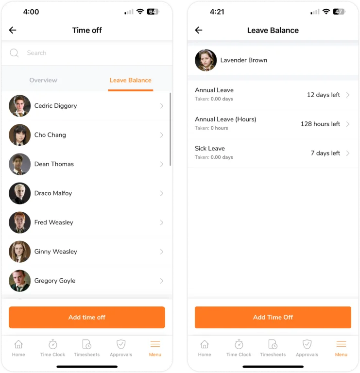 Leave balance on mobile