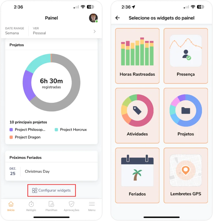 Widgets do painel de controle no celular
