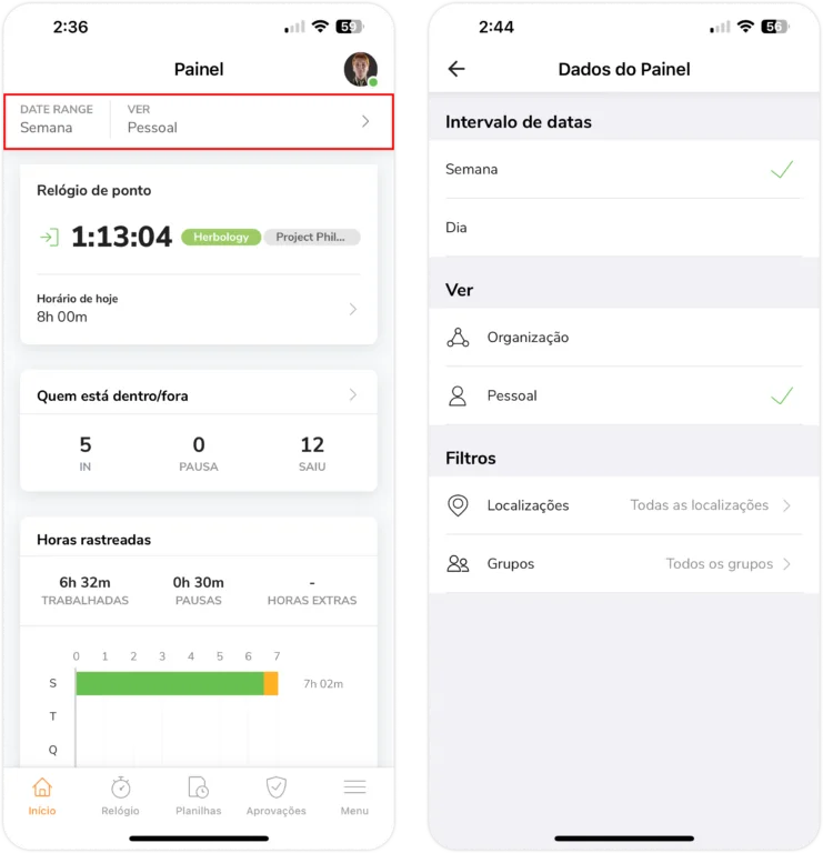 O que você pode filtrar no painel no celular