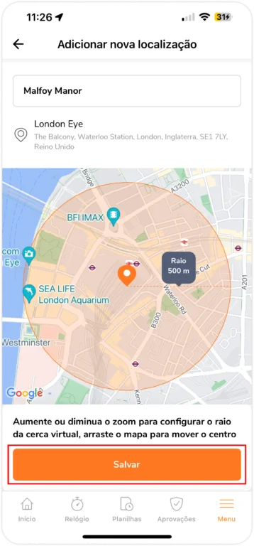 Salvando uma nova localização no celular