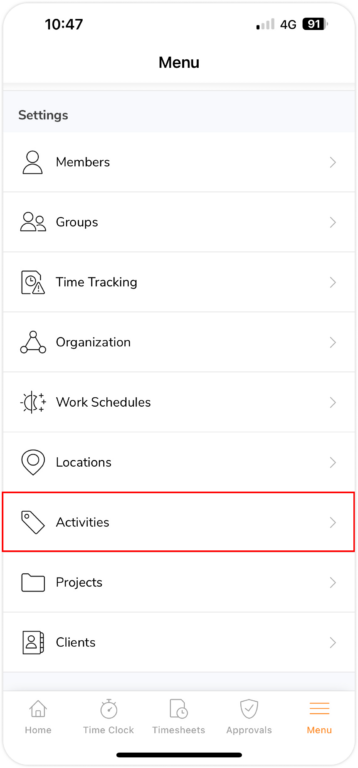 Activities tab on mobile