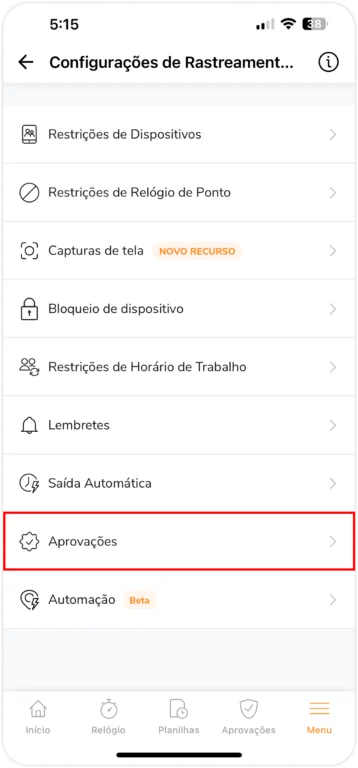 Aprovações nas configurações