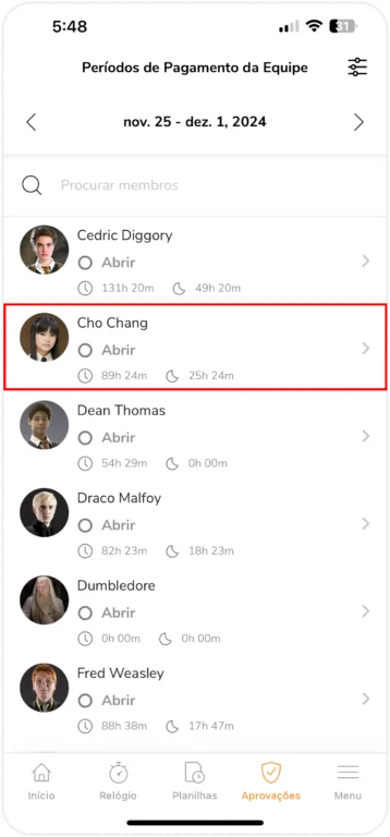 Selecionando um membro na aba de aprovações