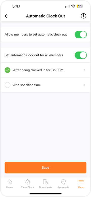 Automatic clock out settings on mobile