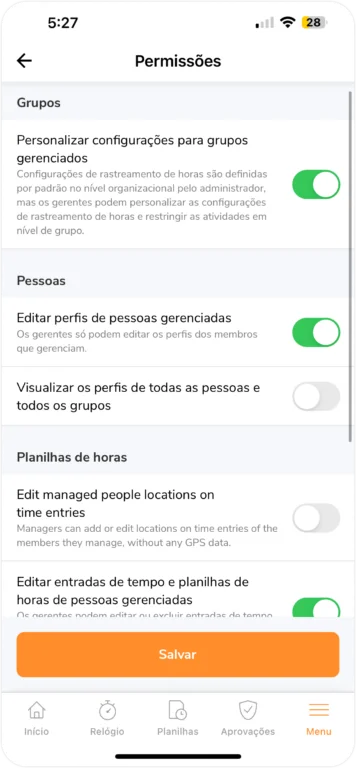 Ativando permissões no perfil do membro no celular