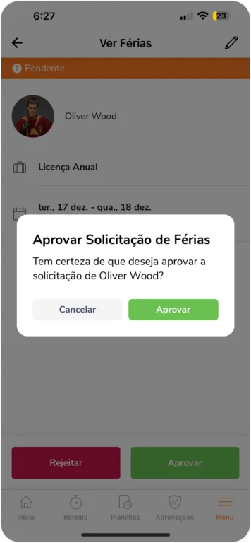 Mensagem de confirmação para aprovar férias no celular