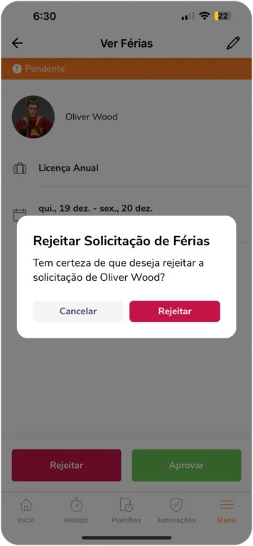 Mensagem de confirmação para rejeitar férias no celular