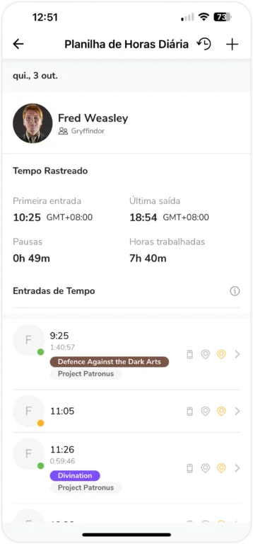 tempo rastreado nas planilhas de horas