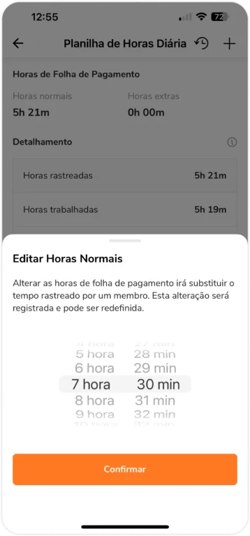 editando horas de folha de pagamento