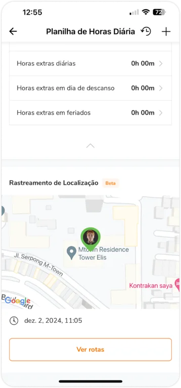 rastreamento de localização na planilha de horas