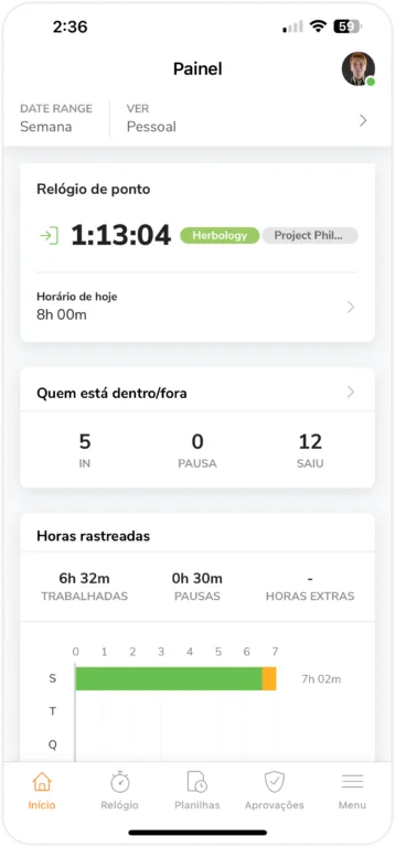 Visão geral do painel no celular