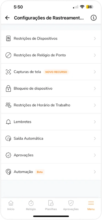 Configurações de rastreamento de tempo
