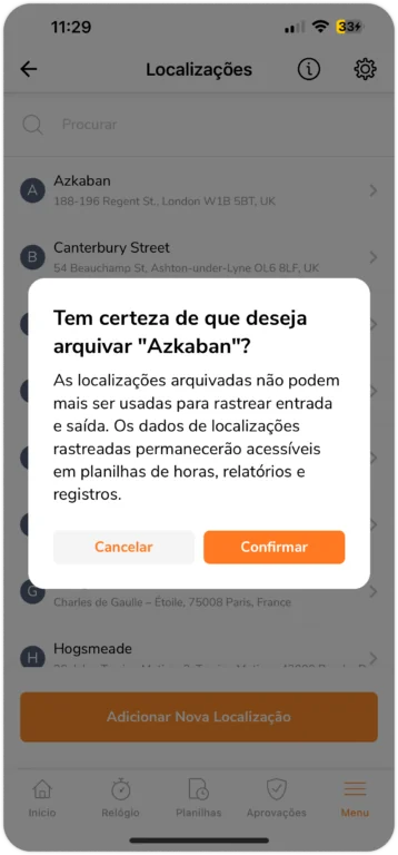 Mensagem para arquivar localização existente no celular