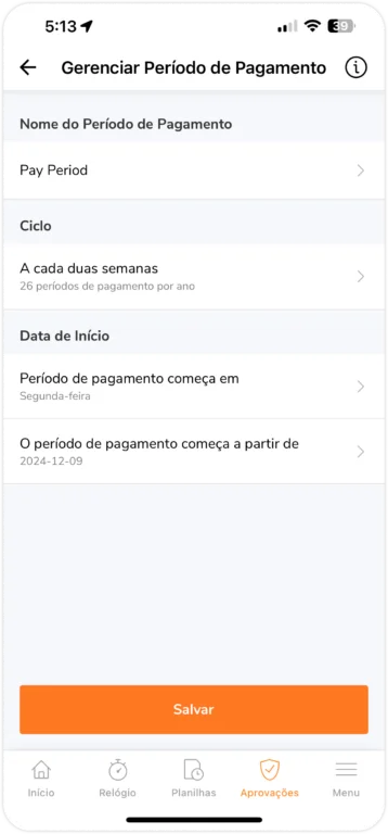 Configurando um novo período de pagamento no celular