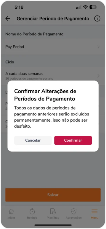 Mensagem para confirmar a edição do período de pagamento no celular