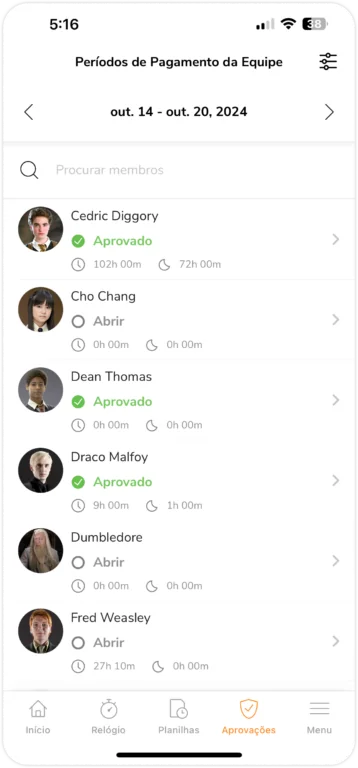 Períodos de pagamento da equipe no celular