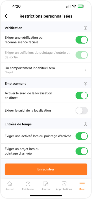 Restrictions personnalisées de pointage sur mobile