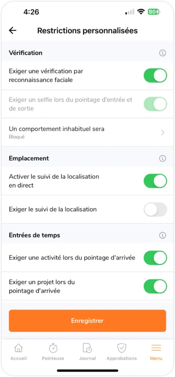 Restrictions personnalisées de pointage sur mobile
