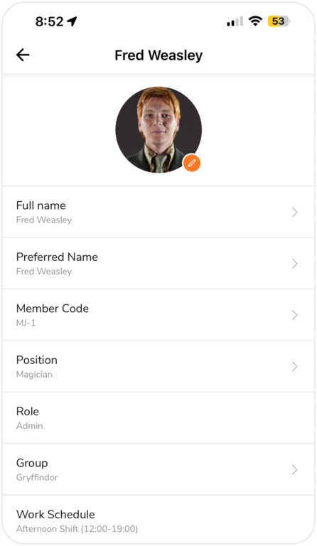 移动账户设置中的工作信息 