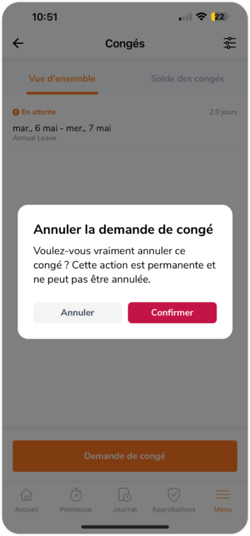 Confirm Cancel Pending time off request