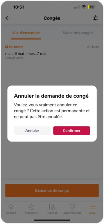 Confirm Cancel Pending time off request