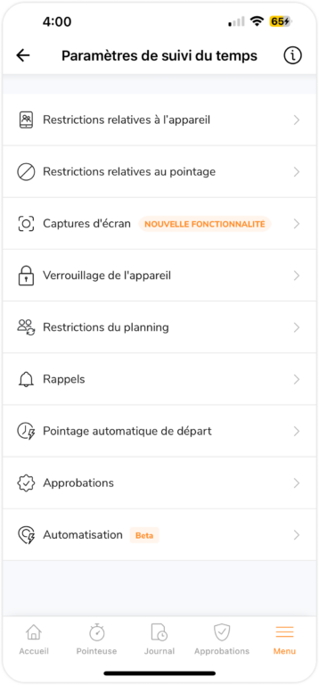 Paramètres de suivi du temps sur mobile