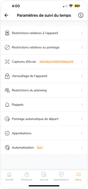 Paramètres de suivi du temps sur mobile