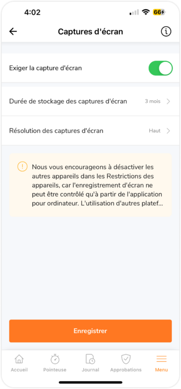 Paramètres de capture d'écran sur mobile