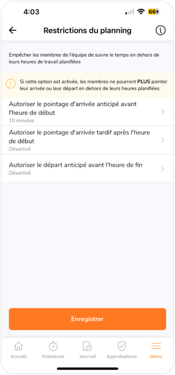 Restrictions du planning de travail sur mobile