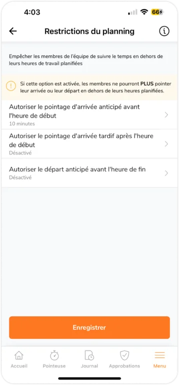 Restrictions du planning de travail sur mobile