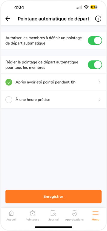 Pointage de sortie automatique sur mobile