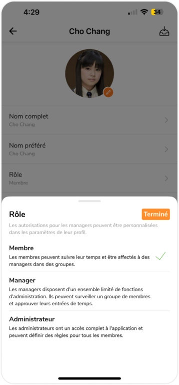 Sélection du rôle des membres sur mobile