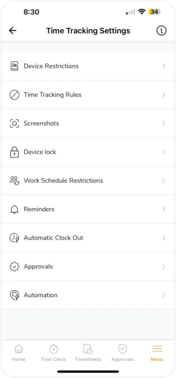 Ustawienia rejestrowania czasu w aplikacji mobilnej.