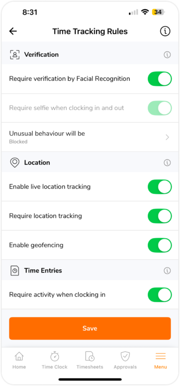 Time tracking rules on mobile