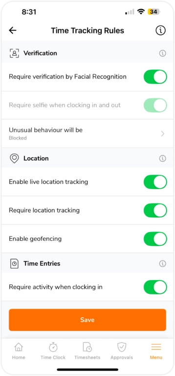 Time tracking rules on mobile