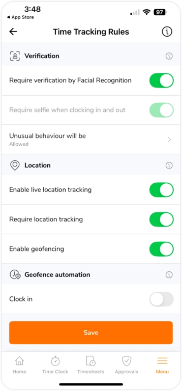 Time tracking rules on mobile