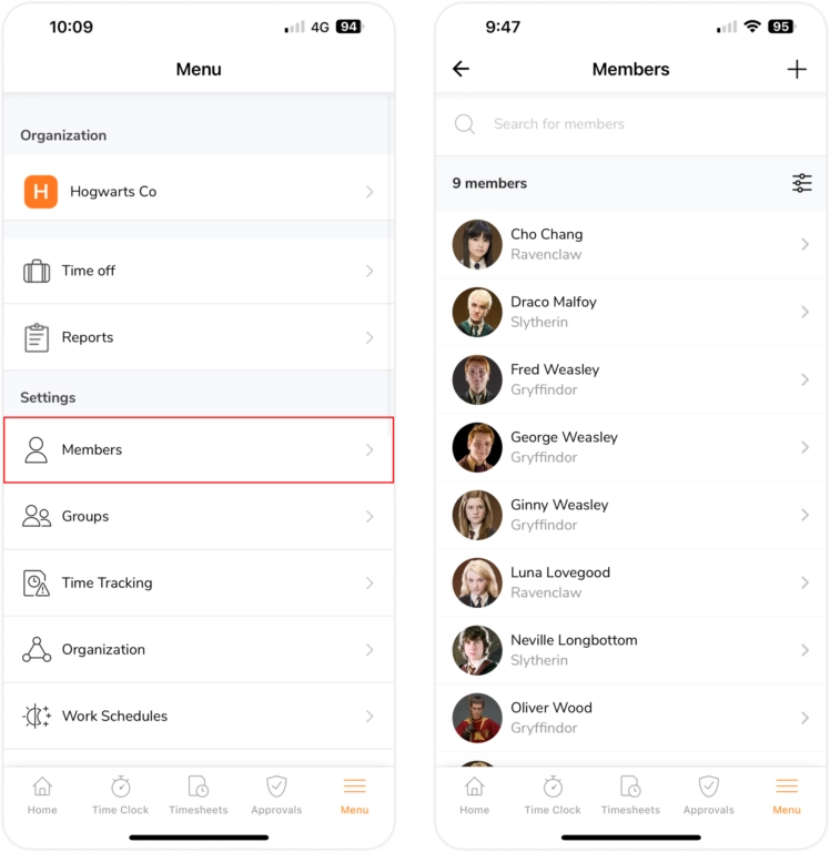 Onglet Membres sur mobile