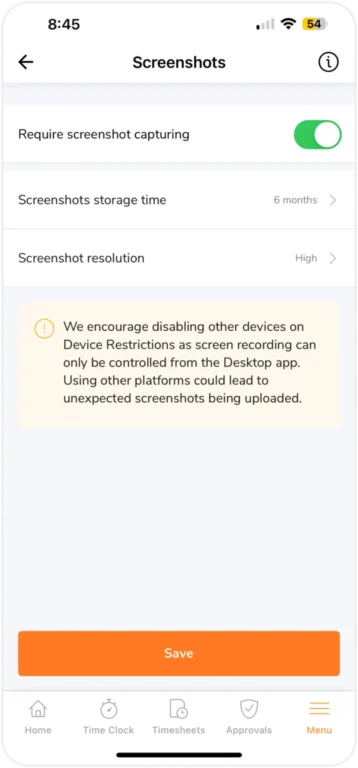 Ustawienia zrzutów ekranu w aplikacji mobilnej.