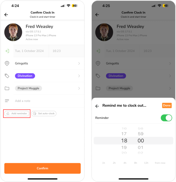 Mobile App Set reminders & automatic clock out Jibble