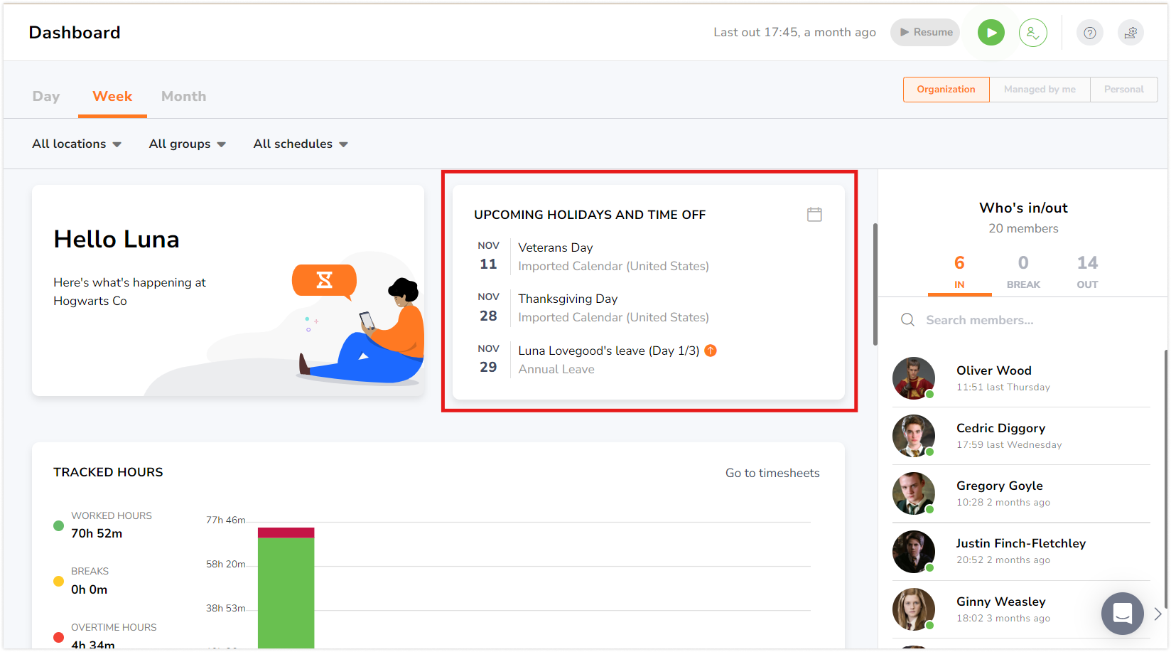 Upcoming holidays on dashboard