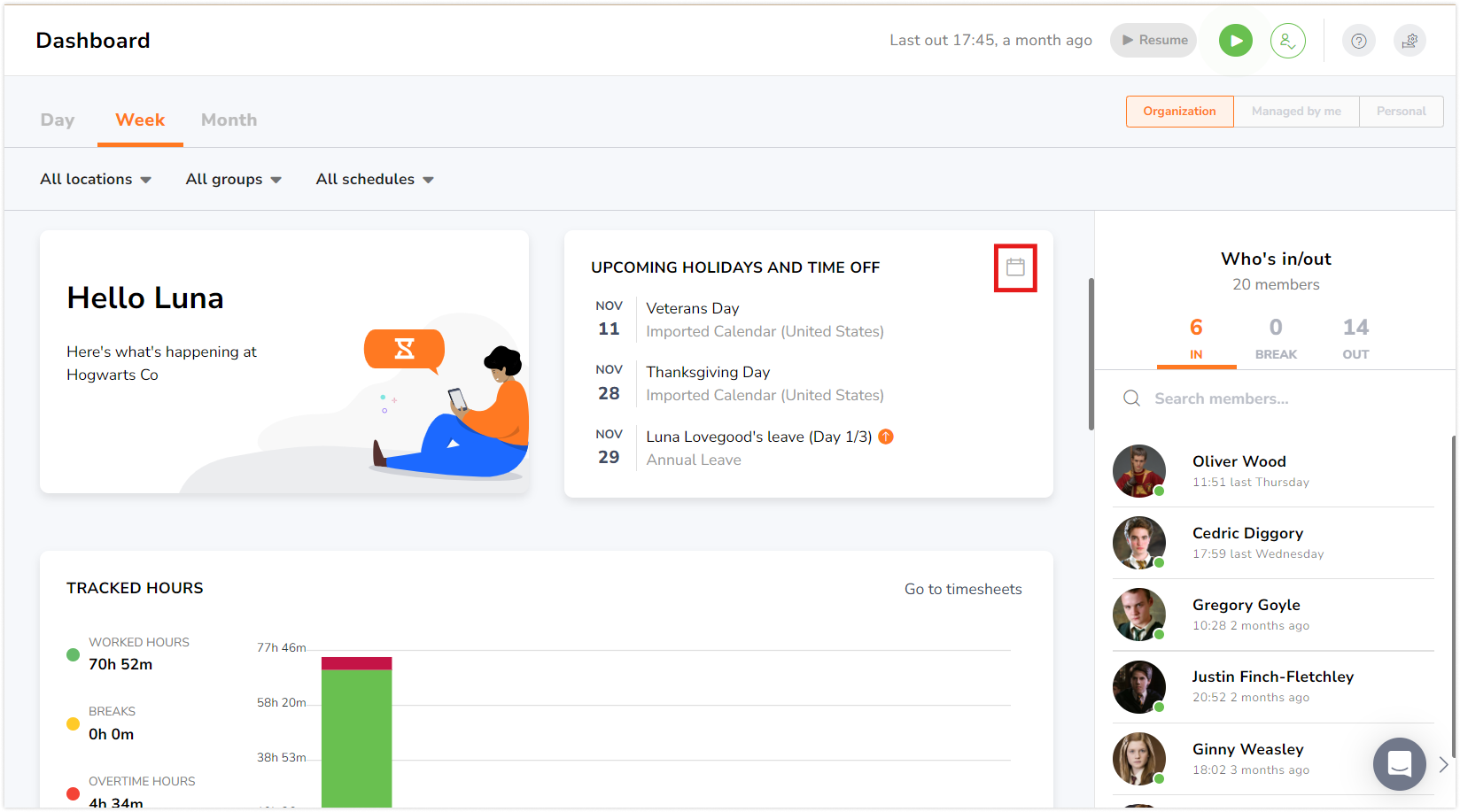 Calendar icon on upcoming holidays on dashboard