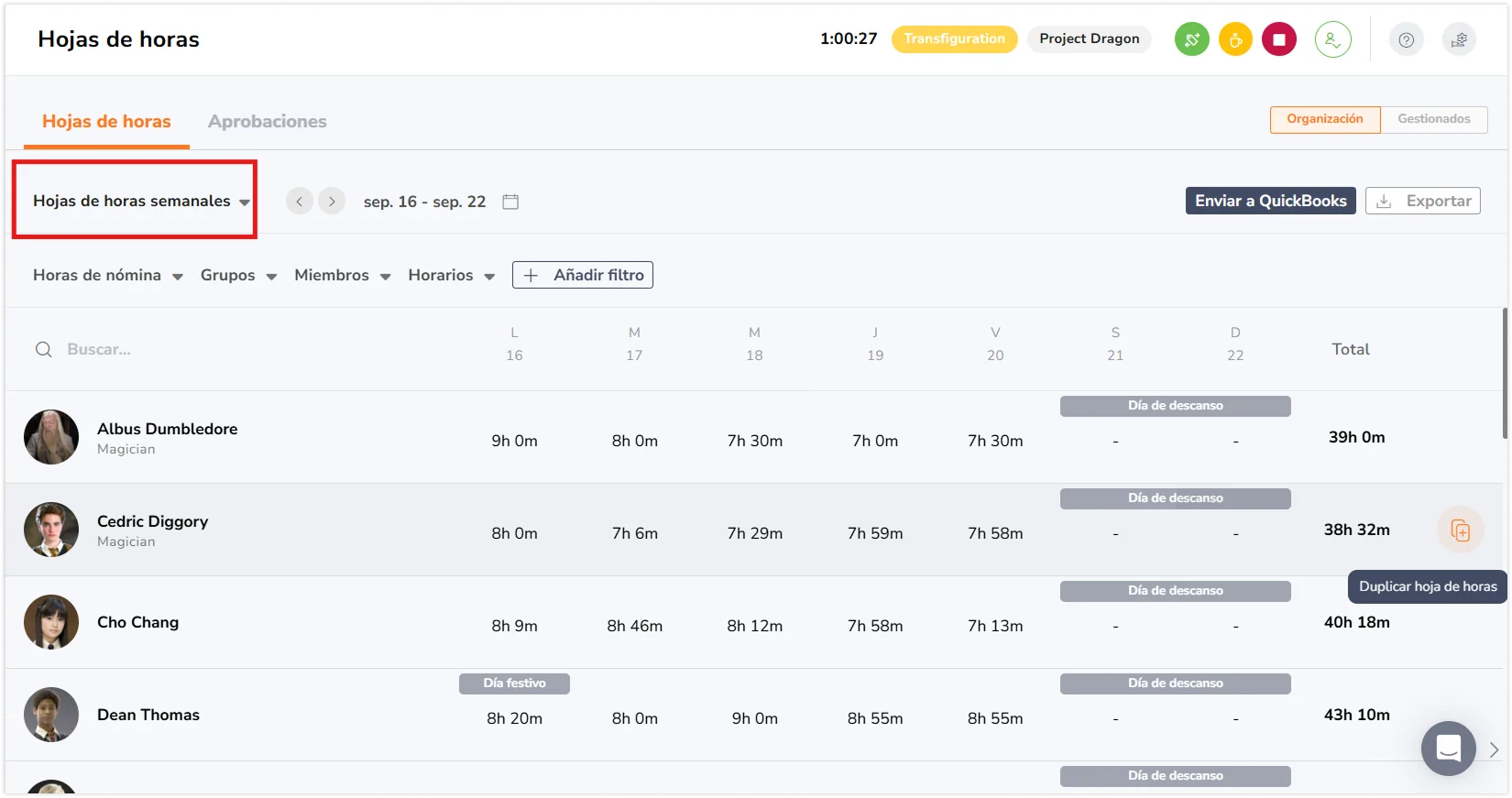 Weekly timesheets under timesheets page