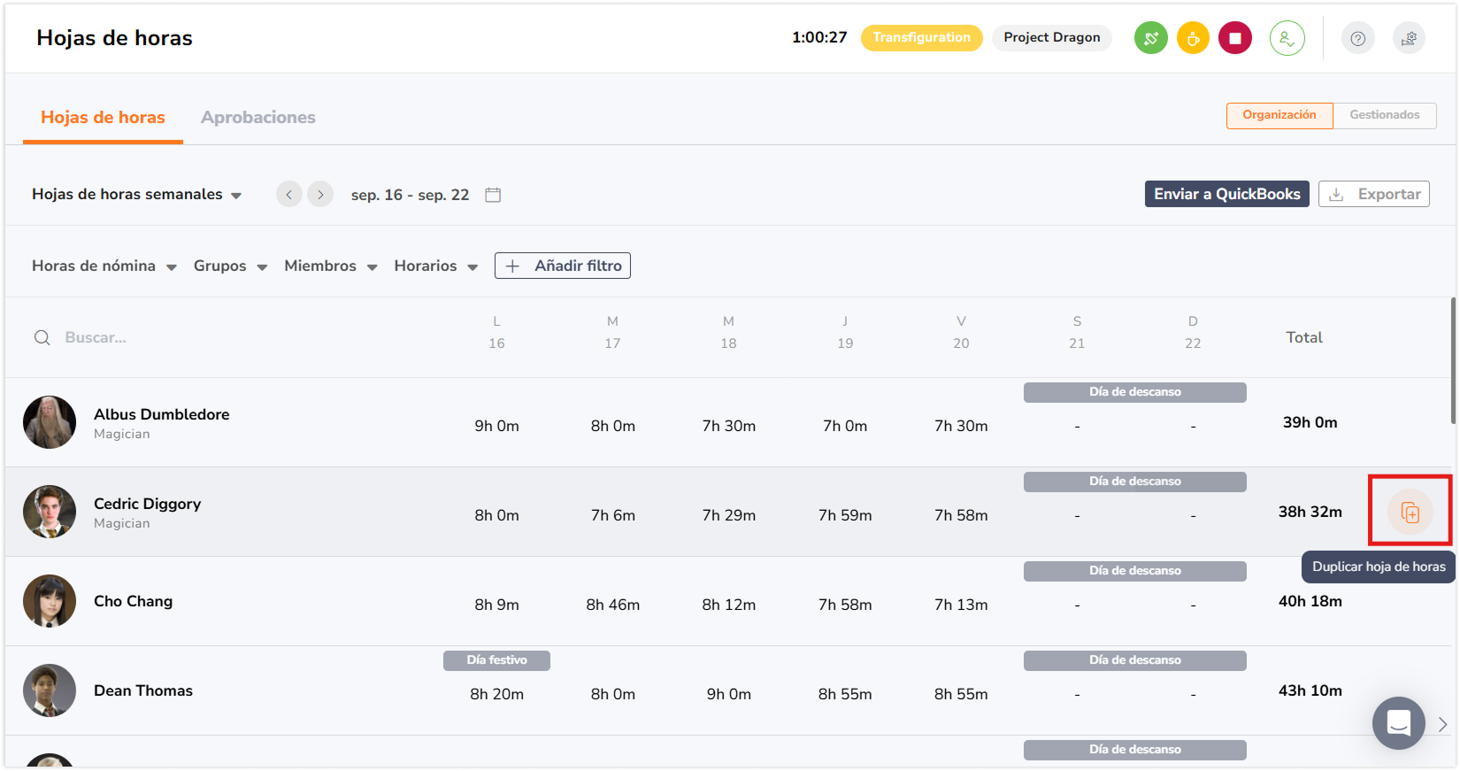 Duplicate timesheets button when hover over the weekly timesheet of a member