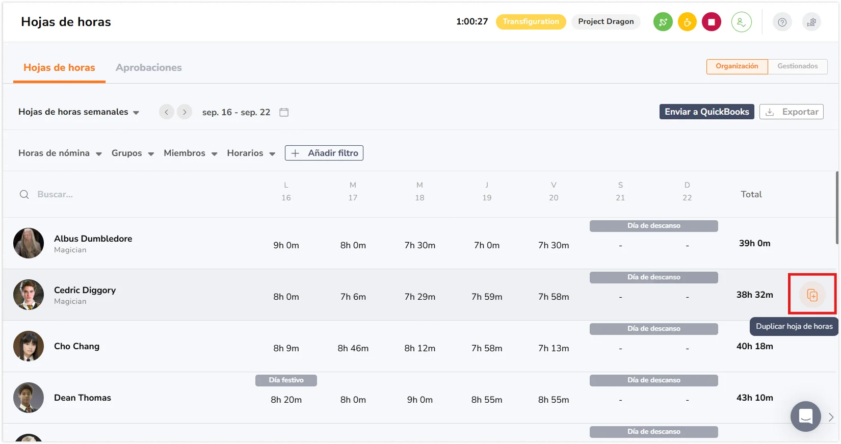 Duplicate timesheets button when hover over the weekly timesheet of a member